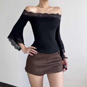 Club Nightclub Style Off Shoulder <b>Top</b> Elegant Flare Sleeve Party Black Lace T-Shirt - Product Image 4