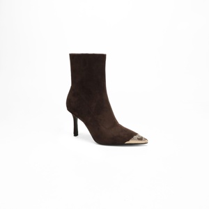 Bottines à talon aiguille en daim à bout pointu pour femme, avec embout métallique sculpté, style rétro automne/hiver, avec garniture métallique et élastique à la cheville - Product Image 4
