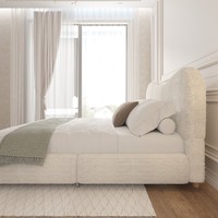 Cadre de lit de chambre à coucher haut de gamme avec tête de lit capitonnée incurvée, base aux coins arrondis et pieds courts pour une décoration intérieure contemporaine