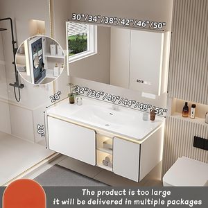 Mueble <span class=keywords><strong>de</strong></span> Baño Blanco Estilo Crema, Montado en la Pared, <span class=keywords><strong>con</strong></span> Múltiples Espacios <span class=keywords><strong>de</strong></span> Almacenamiento, Lavabo <span class=keywords><strong>de</strong></span> Cerámica Integrado, Espejo LED Inteligente Antivaho - Product Image 6