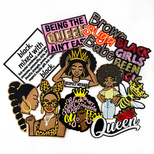 Factory Price Cotton 12x12 and 2cm Size Custom Manufacturer <b>Sew</b> <b>on</b> Glitter Sequin Badge <b>Patch</b> Black Girl Embroidered <b>Patch</b> - Product Image 4