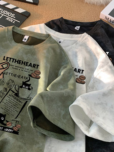 T-shirt Unisex Vintage Tie-Dye Lavata con Stampa a Lettere, Oversize, Vestibilità Ampia, Stile High Street, Antipiega, Casual, Top per Coppie - Product Image 3