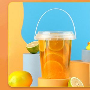 Custom Disposable Food Grade <b>with</b> <b>Lid</b> 500ml 700ml 1000ml clear Plastic <b>Bucket</b> Fruit Yogurt Milk Tea Packaging <b>Bucket</b> <b>with</b> Handle - Product Image 2