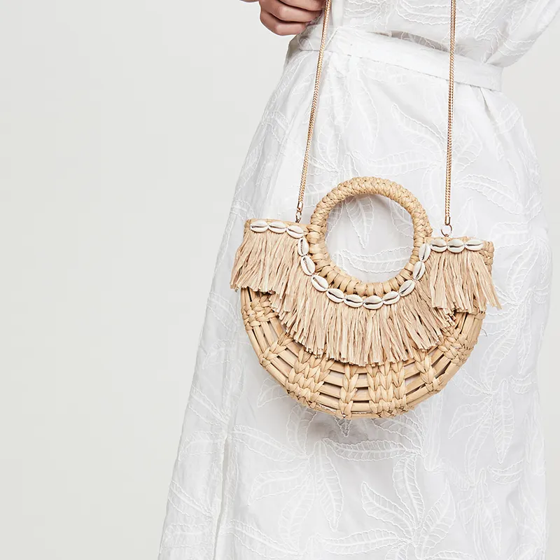 2022 summer fashion brand design round tote braid ladies bag straw beach shell women rattan handbag mini woven purse and handbag