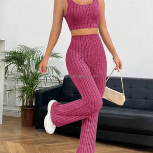 Conjunto Casual de Uso Diario para Mujer: Chaleco sin Mangas de Tejido Worsted con Estampado Digital Antipilling y Pantalones de Punto de Pierna Ancha Ajustados - Product Image 1