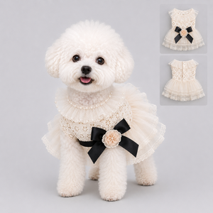 Robe pour animaux de compagnie faite à la main, col à volants perlés, broderie anglaise, coton respirant, dentelle, tulle, tenue de fête de mariage pour petits chiens et chats - Product Image 1