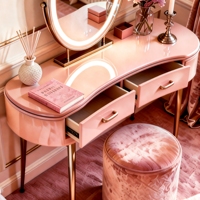 Glam Pastel Pink Solid Wood Dressing Table Set Velvet Stool-LED Lighted Oval Standing Mirror Gold Legs Eco-Friendly Living Room