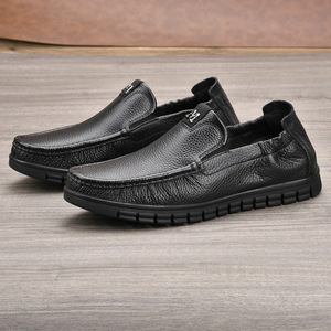 Mocasines de Cuero Genuino para Hombre, Negros, Punta Redonda, Suela de Goma Transpirable, Zapatos Casuales de Primavera - Product Image 1