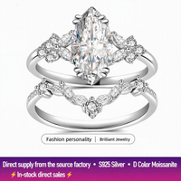 Perhiasan Mewah Perak S925 Batu Moissanite Batu Mata Kuda Gaya Daun Bunga Set Cincin Dua Bagian Cincin Berlapis untuk Lamaran Romantis