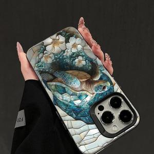 Coque de téléphone en verre teinté avec <span class=keywords><strong>tortue</strong></span> marine et fleurs pour iPhone 16/15/14/13/12 Pro Max, coque antichoc en TPU, esthétique océanique, bohème - Product Image 4