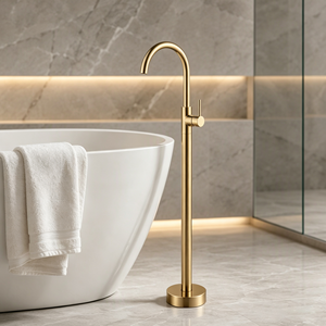 Robinet sur pied gris, finition minimaliste, monocommande, pour lavabo de salle de bain - Product Image 4