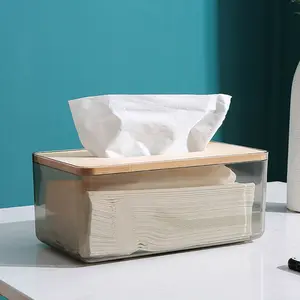 High quality PET Rectangle hotel tissue box for eco material with bamboo wood lid