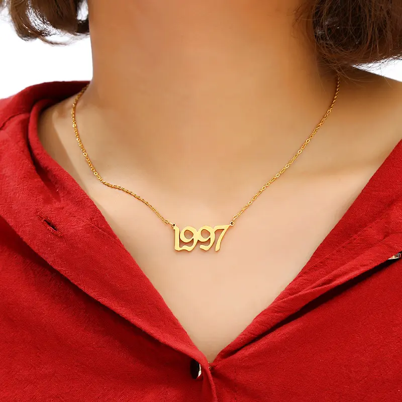 stainless steel established year gold plated old english number necklace