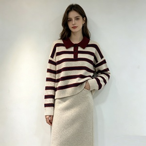 Women's Striped Polo Neck Sweater Wool Blend Casual Knit Pullover, Vintage <strong>Red</strong> Beige <strong>Jumper</strong>, Long Sleeve Loose Top for Winter - Product Image 2