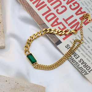 Geometric Gold Chain Bracelet With Green Zircon Inlay For Gift Wear - Product Image 1