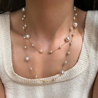 Collier long à perles, argent sterling 925, double rangée de perles, élégant, collier à perles, bijoux de mariage pour femmes