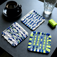Sous-verre en tissu jacquard polyester-coton écologique avec franges et pompons, absorbant et isolant thermiquement