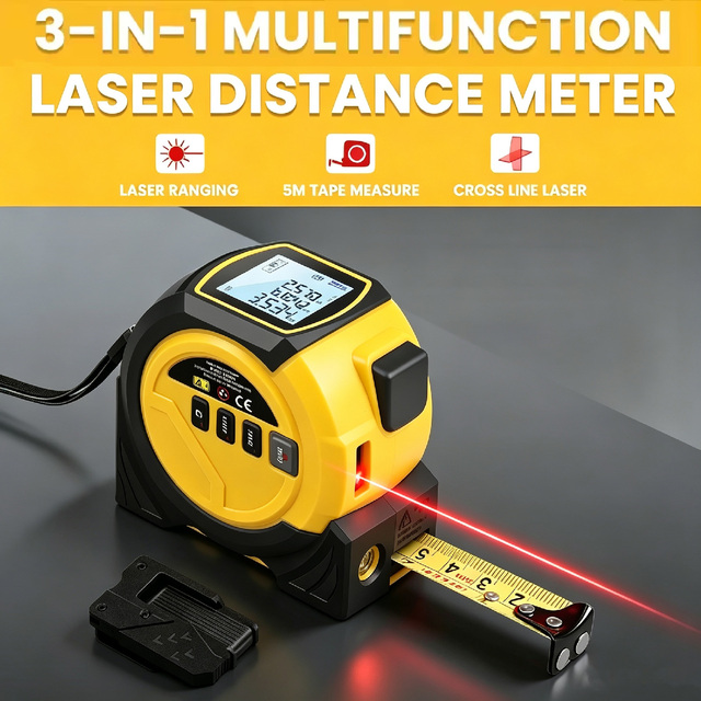 Laser Tape Measure 3in 1 Digital Tape Measure High Precision Laser Rangefinder Steel Tape Measure, Equipped with 2AAA Batteries