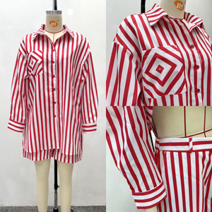 Conjunto Casual Elegante de Dos Piezas para <span class=keywords><strong>Mujer</strong></span> SH7337, Ropa de Calle, Camisa Holgada Estampada a Rayas de Manga Larga y Pantalones Cortos - Product Image 5