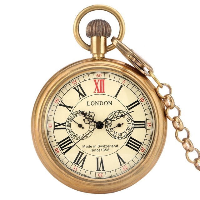 Antique Copper London 1856's Antique 5 Hands Mechanical Pocket  Brass Watches Hand Winding Skeleton Mens Brass Pocket Watch