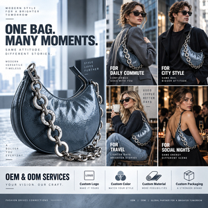 Women Crescent Crossbody <b>Bag</b> Glossy Crinkle PU Leather Zipper Purse <b>Silver</b> Chain Strap <b>Small</b> Fashion Shoulder <b>Bag</b> OEM ODM - Product Image 4