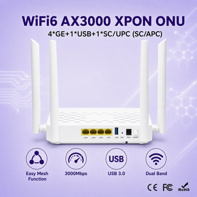 Mesh Function 3000Mbps Dual Band XPON GPON/EPON ONU 4GE USB 3.0 WiFi-6 AX3000 ONT Compatible with OLT