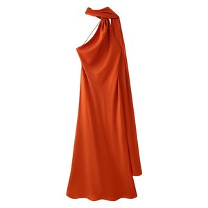 Robe Midi Chic et Tendance pour Femme, Style Vintage, Sans Manches, Coupe Droite, Asymétrique, Couleur Unie, en Satin Texturé avec Ruban et Col Halter - Product Image 6