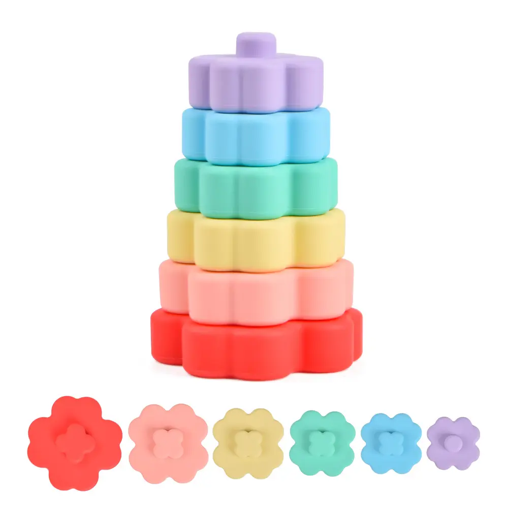 Anneau de dentition en Silicone pour bébés, blocs de Construction souples, tour pliante 3D, jeu d'empilage, jouets de Construction