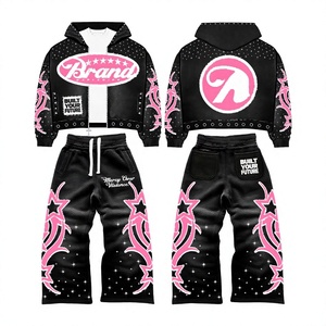 Brand Black <b>Tracksuit</b> Set Loose Fit Streetwear Zipper Sweatshirt Pants With custom Screenprint Logo And rhinestone <b>vintage</b> looks - Product Image 1