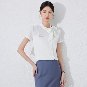 White Short Sleeve Blouse With Bow Tie Button Down Women's Work Shirt Professional Office Wear Poplin Fabric - Product Image 3