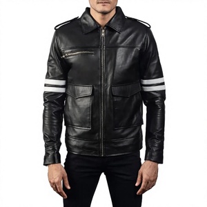 Men's <b>Black</b> Genuine Leather Heated Moto <b>Jacket</b> with Epaulet and Zipper Closure Regular Fit Mandarin Collar Winter Front Logo - Product Image 5