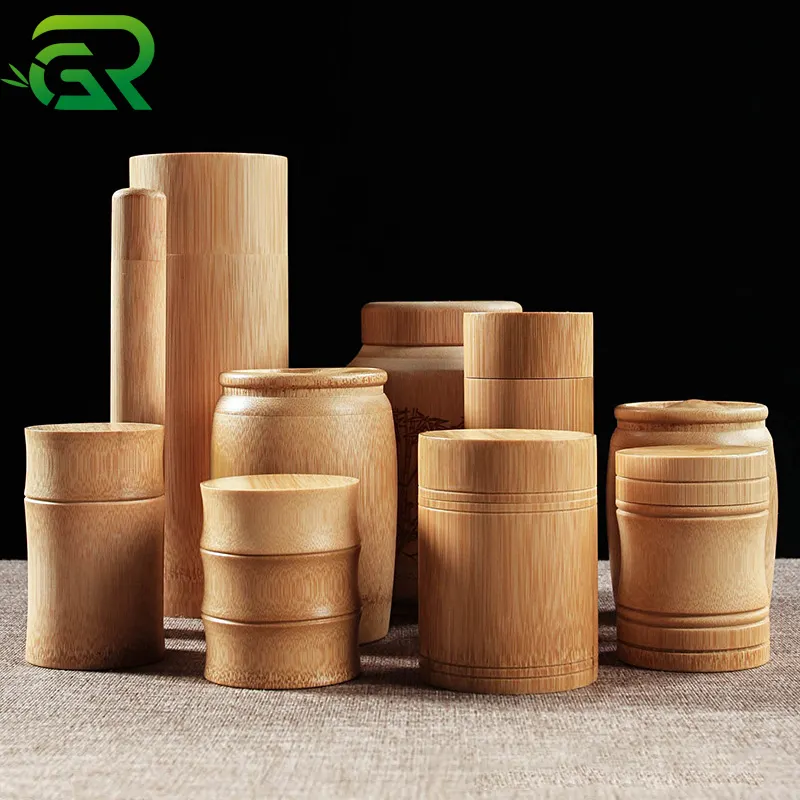 En stock boîte de stockage de thé scellée naturelle avec logo personnalisé conteneur portable pot en bambou avec couvercle