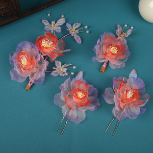 24 Nuevos Accesorios para el Cabello Hanfu Hechos a Mano con Diseño Original, Hilo Enrollado, Seda Sintética Rojo Púrpura, Pinza para el Cabello con Flor de Lámina Dorada - Product Image 1