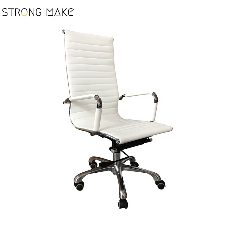 Classic Design white high back leather PU black ribbed polish aluminum leg office chair with wheel