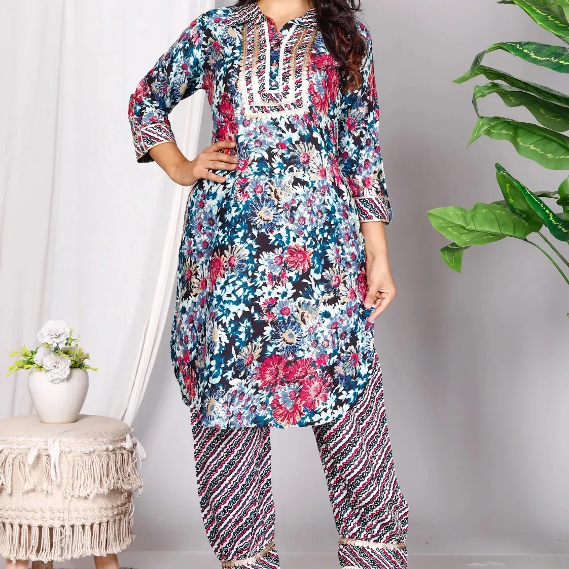 Лидер продаж, комплект из 2 предметов, дизайнерские розовые брюки Kurta с ручной вышивкой, производитель для женщин и девочек из Индии