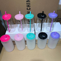 Verre à bière 16oz pour sublimation, transparent givré, avec couvercles en acrylique colorés et pailles colorées, couleurs assorties, en stock entrepôt USA