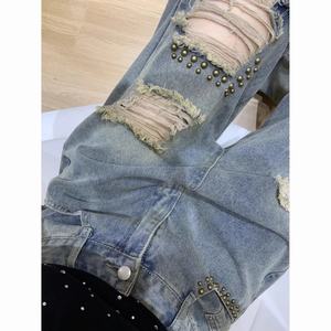 Rivet Design, Washed and Ripped Denim <b>Jeans</b> for <b>Women</b> in Summer 2025, Thin Fit, Loose Fit, Slim and Wide Leg Pants - Product Image 4