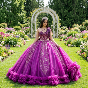 Robe de Quinceañera Lsmu186 violette à col licou, sans manches, style princesse à volants avec nœud, Jancember - Product Image 1