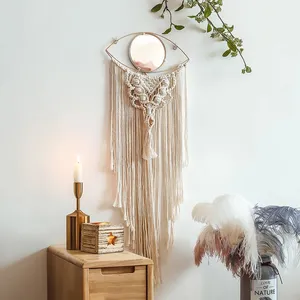 Tapeçaria de parede de macrame, boho, espelho de olho boêmio, decoração de vidro pendurado na parede