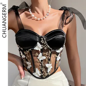 Chuangerm Oem Mesh Patchwork Lace Up Short corset Butterflies Embroidery Perspective Black ladies corset tops