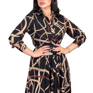 MQ012 Европейское и американское платье-рубашка с длинным рукавом и поясом с принтом, мусульманская женская одежда, платья для женщин