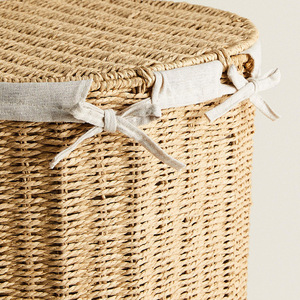 Woven Paper <b>Rope</b> Laundry <b>Basket</b> Round Dustproof Clothing Organizer Standing Type With Lid Bedroom <b>Storage</b> <b>Basket</b> - Product Image 4