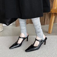 Sandales mules à talon aiguille noires en peau de mouton française, style D-Inspired, personnalisées 2025, pour l'extérieur, à bout ouvert, à enfiler, sexy, vintage, OEM/ODM
