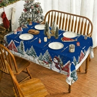 Nappe de Noël bleue en gros, motif village enneigé, maison de campagne, bonhomme de neige, pour dîner, fournisseur pour fêtes de fin d'année