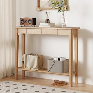 Table <span class=keywords><strong>console</strong></span> en <span class=keywords><strong>chêne</strong></span> massif de style mid-century moderne, luxueuse et naturelle, avec tiroirs, pour entrée et salon - Product Image 4