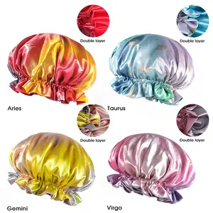 Wholesale High Quality Custom Colorful Satin Silk Sleep Double Layer Hair Bonnet Cap With constellation Logo