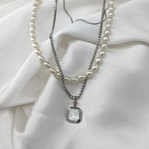 yunnique Faux Pearl Beaded Square Pendant Three Layer Necklace <b>Titanium</b> Steel Clavicle <b>Chain</b> For Men And Women Geometric Design - Product Image 3