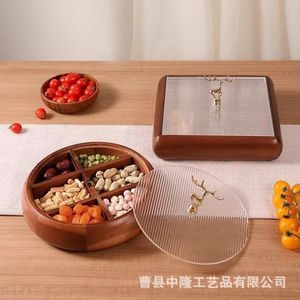 Caja redonda de madera maciza para frutos secos con tapa, contenedor de madera para aperitivos, regalo para el Año Nuevo Chino - Product Image 1