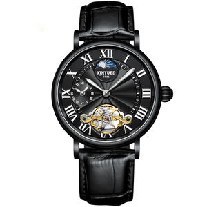 <span class=keywords><strong>Montre</strong></span> automatique pour <span class=keywords><strong>homme</strong></span> de style rétro, boîtier en acier inoxydable, verre, phase de lune, bracelet en cuir noir ajouré, résistant à l'eau - Product Image 2