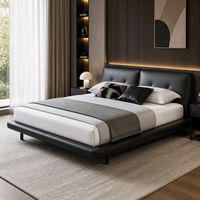 Modernes, umweltfreundliches Plattformbett mit schwarzem Echtlederbezug, Holzrahmen, gepolstertem Kopfteil und schlanken Beinen